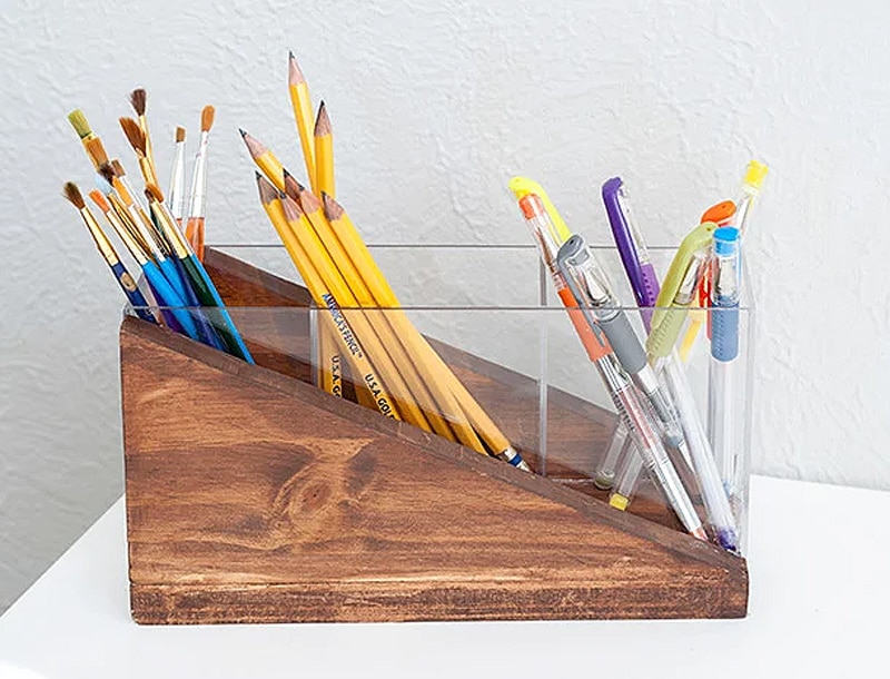 modern pencil holder from plexiglass and wood