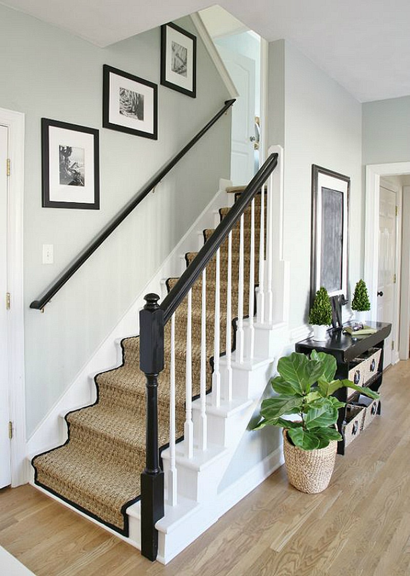 painted staircase makeover with seagrass runner