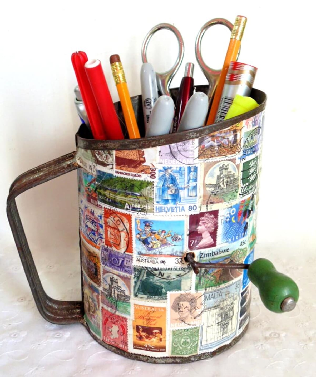 pencil holder from sifter decoupage with stamps
