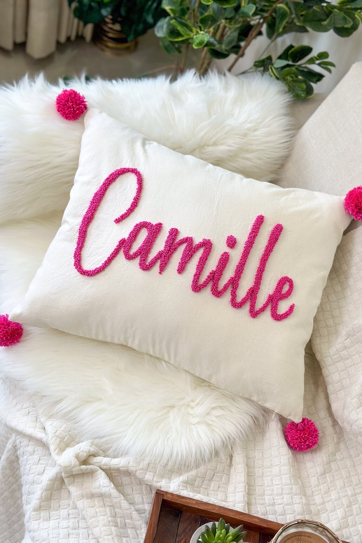 pom pom trip punch needle pillow cover