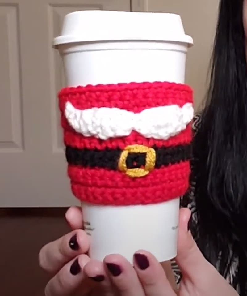 santa mustache with belt crocheted coffee cozy