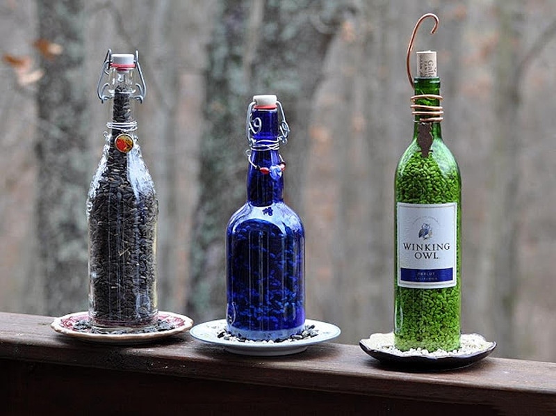 bird feeders made from wine bottles