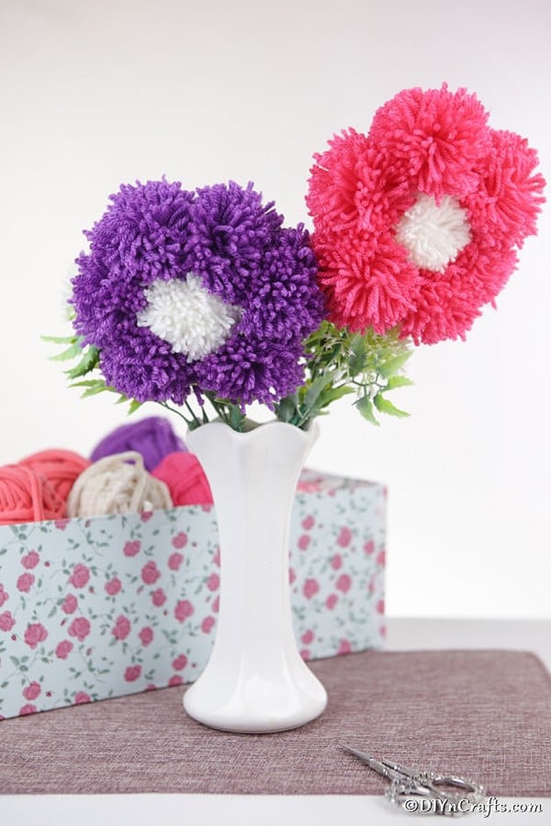 yarn pom poms flower arrangement