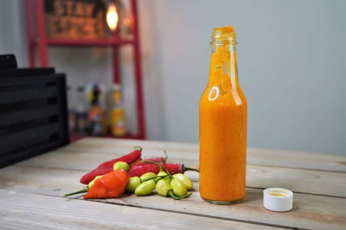 Habanero Hot Sauce in a glass bottle.