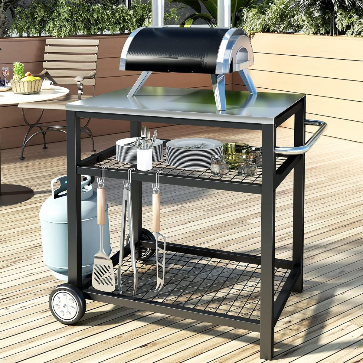 Movable Food Prep and Work Cart Stainless Steel Grill