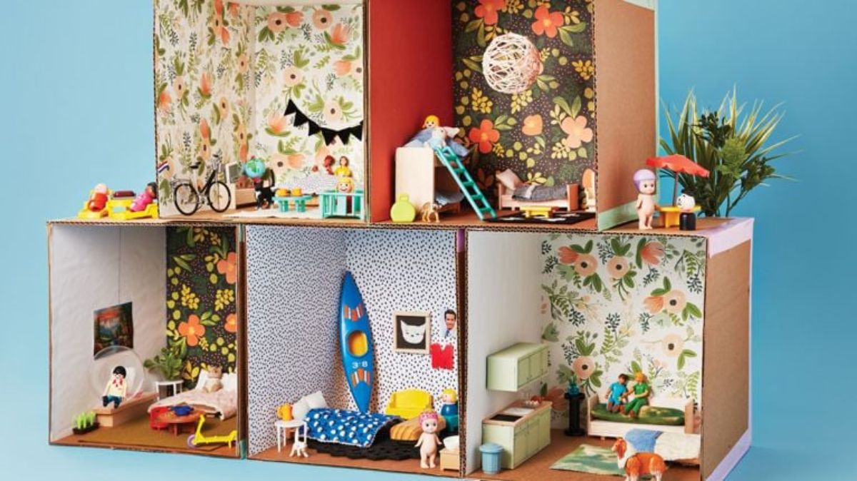 Cardboard Dollhouse With Gift Wrap as WallPaper