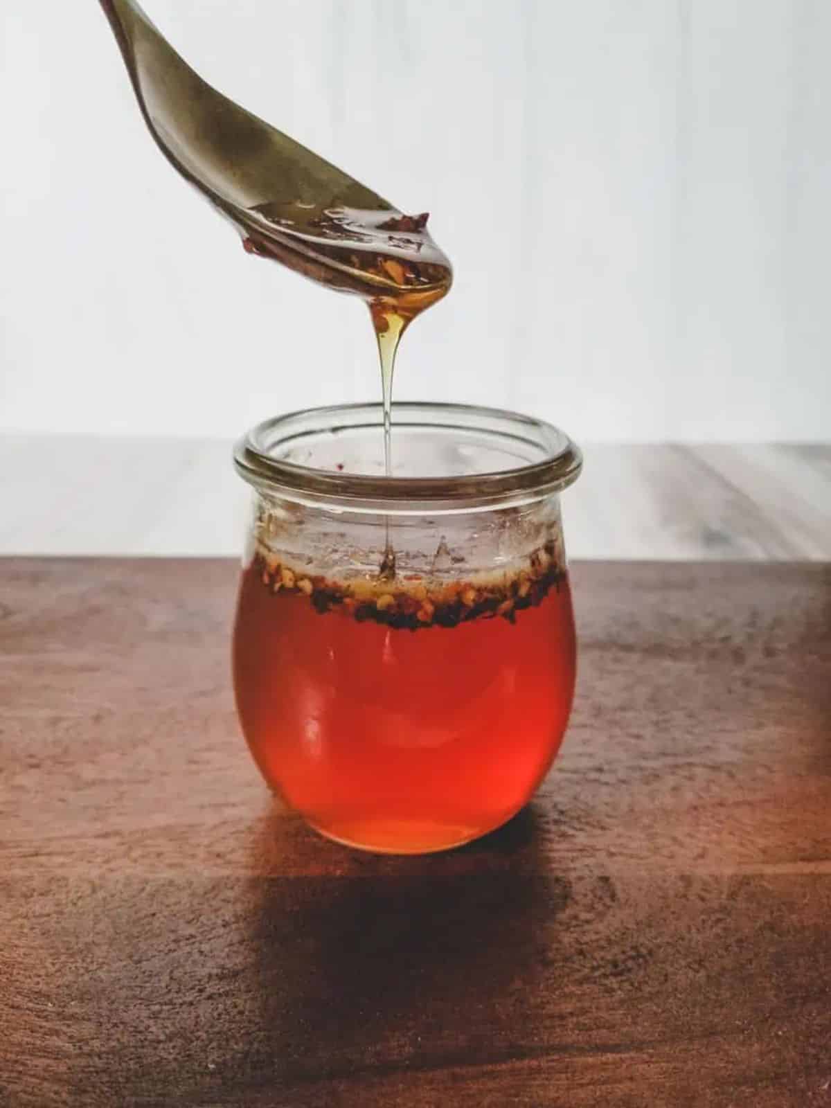 Hot Honey in a glass jar.