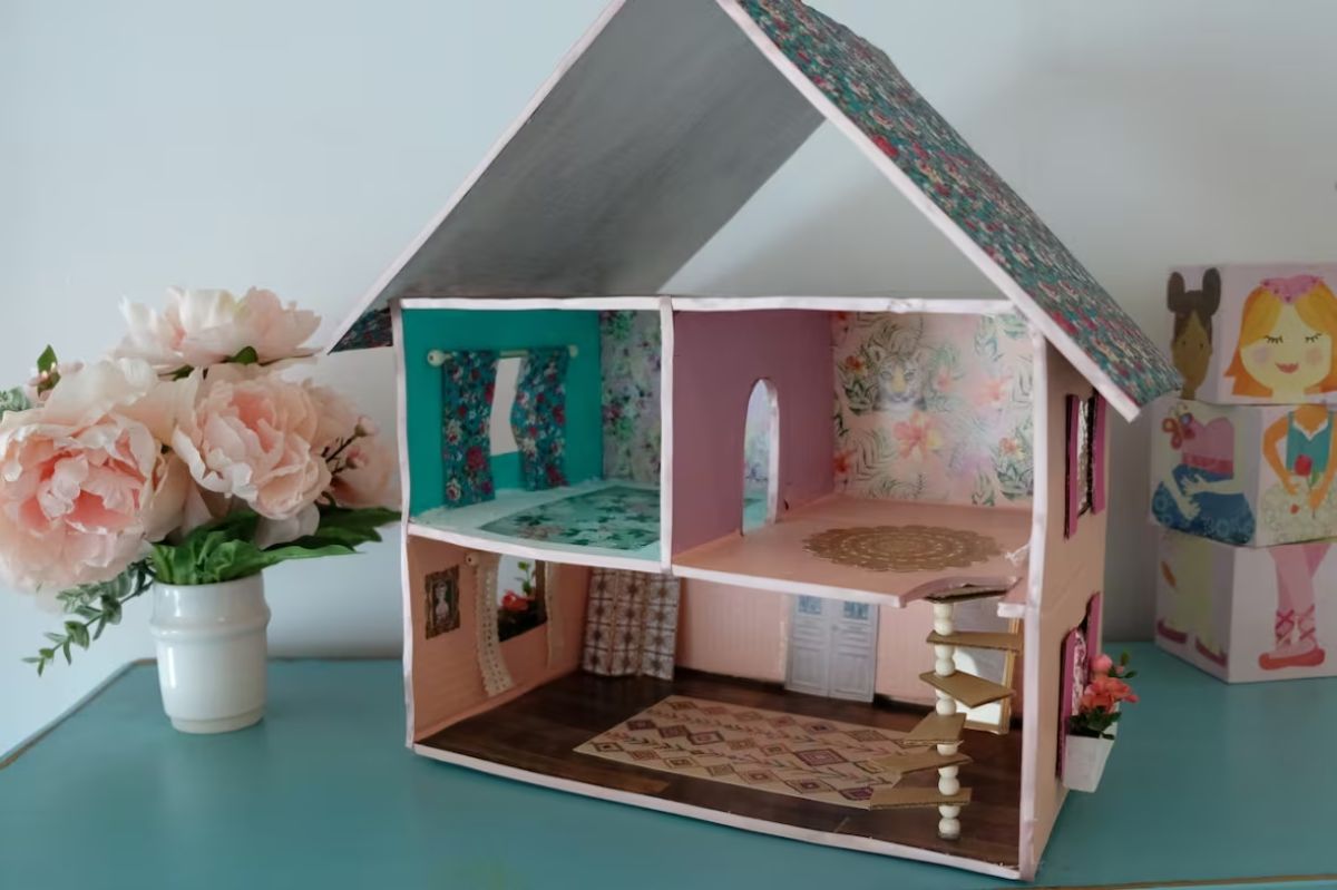 Cardboard Box Dollhouse With Spiral Staircase