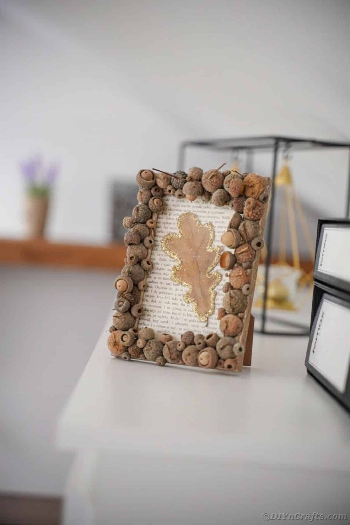 DIY Rustic Framed Old Book Page Decor with Acorns