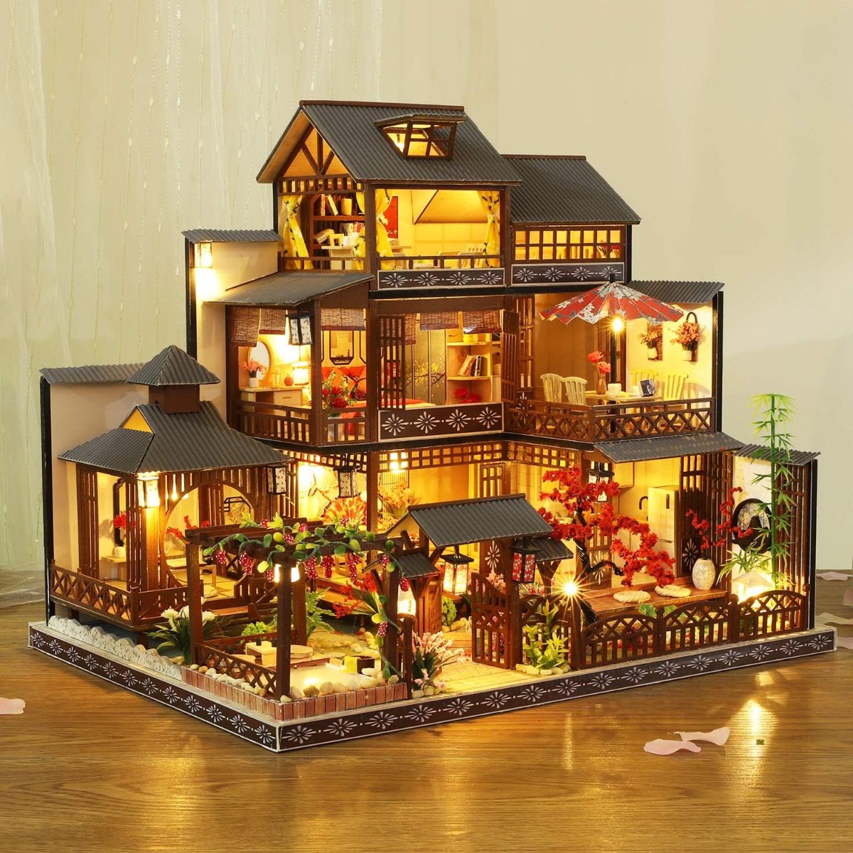 DIY Dollhouse Kit Big Japanese Courtyard Model with LED & Music Box