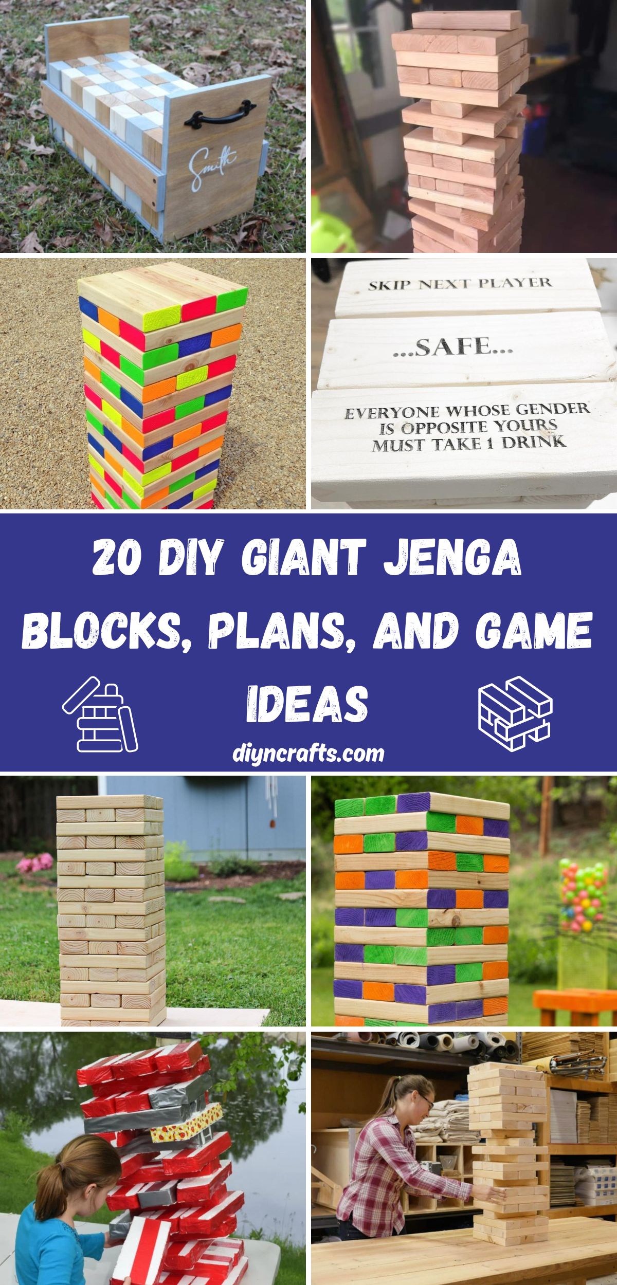 20 DIY Giant Jenga Blocks, Plans, and Game Ideas collage.