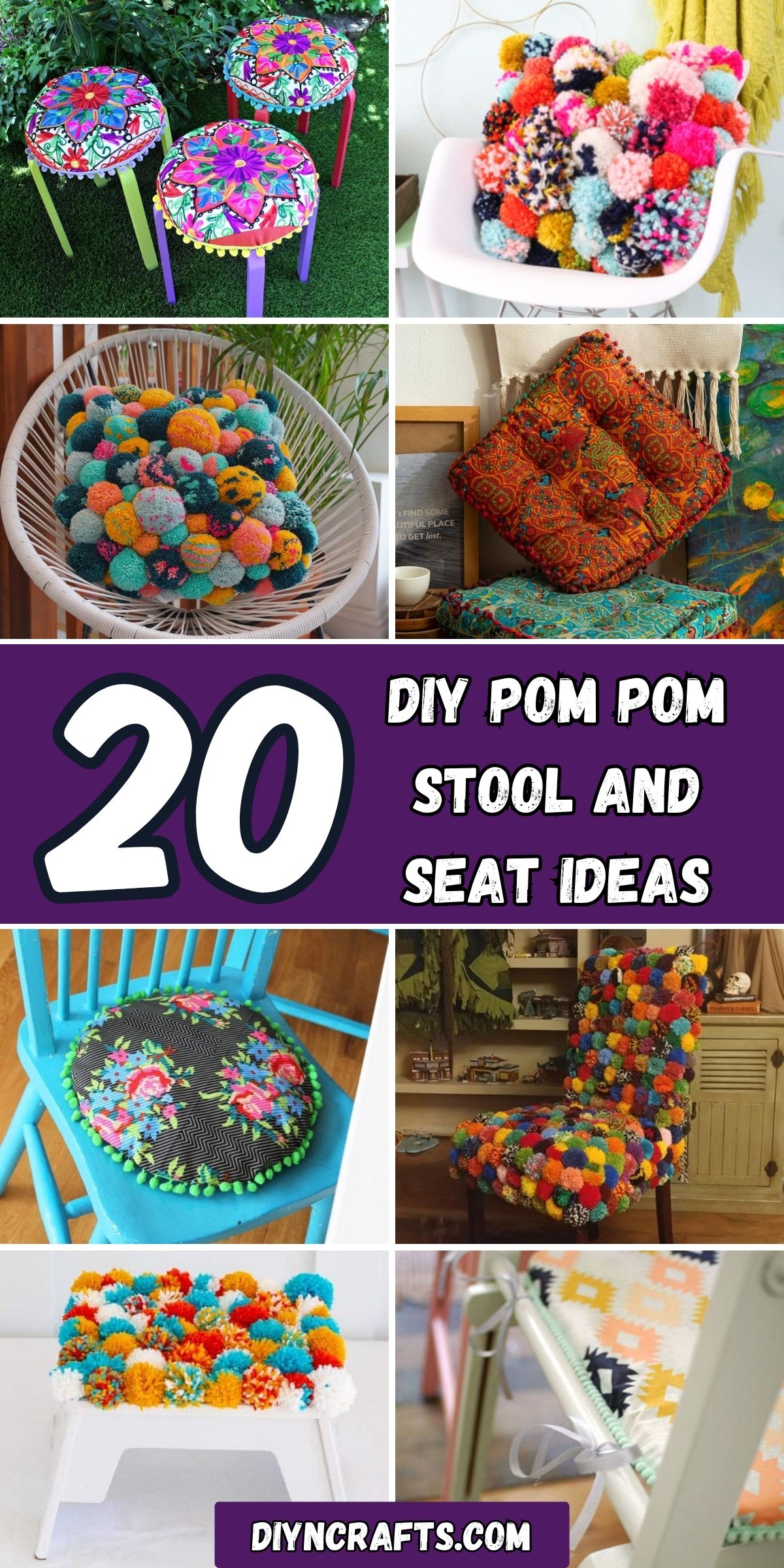 20 DIY Pom Pom Stool and Seat Ideas collage.