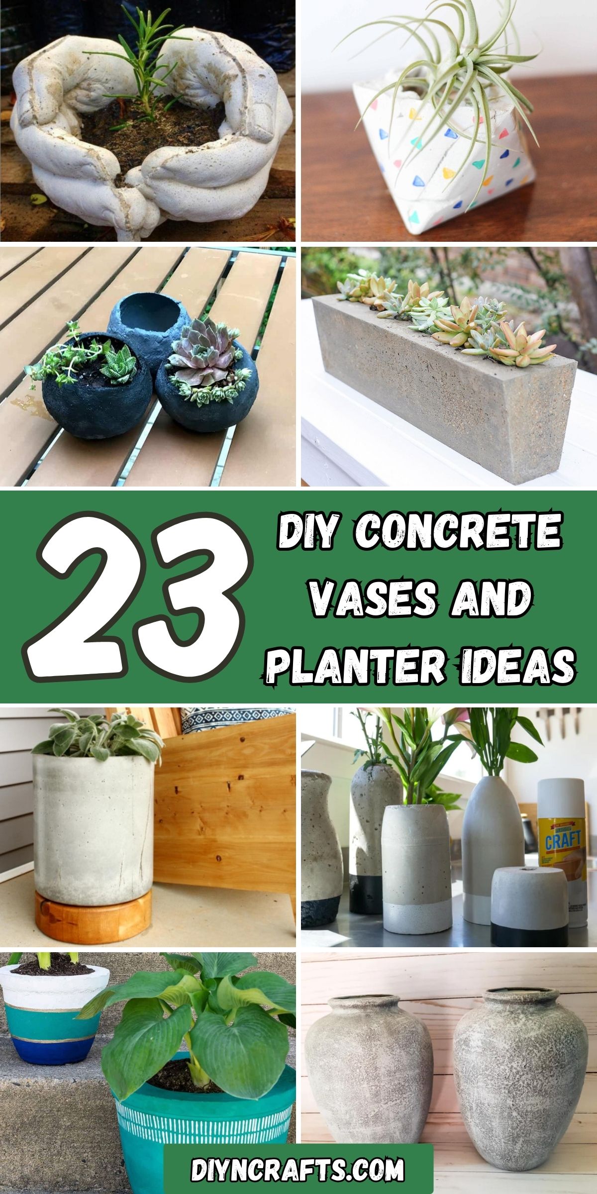 23 DIY Concrete Vases and Planter Ideas collage.