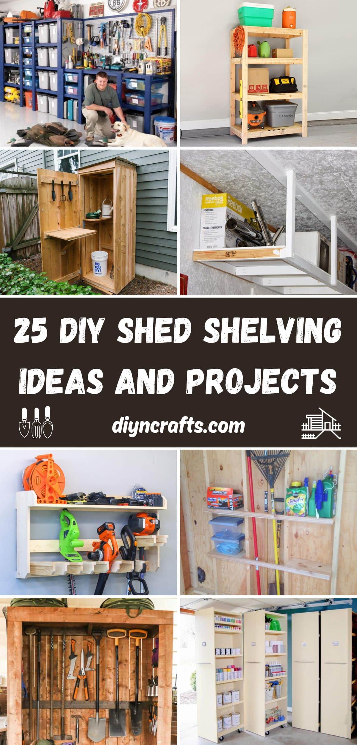 25 DIY Shed Shelving Ideas and Projects collage.