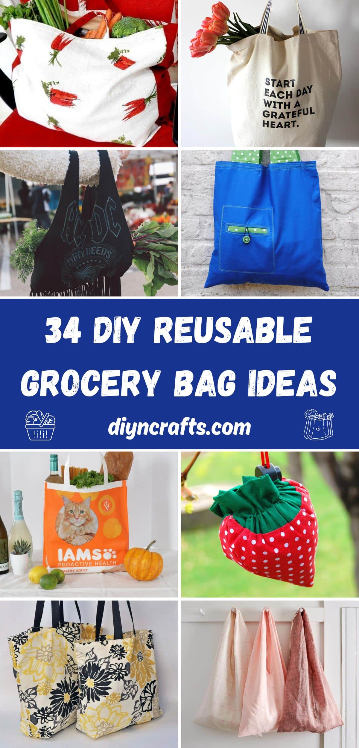 34 DIY Reusable Grocery Bag Ideas collage.