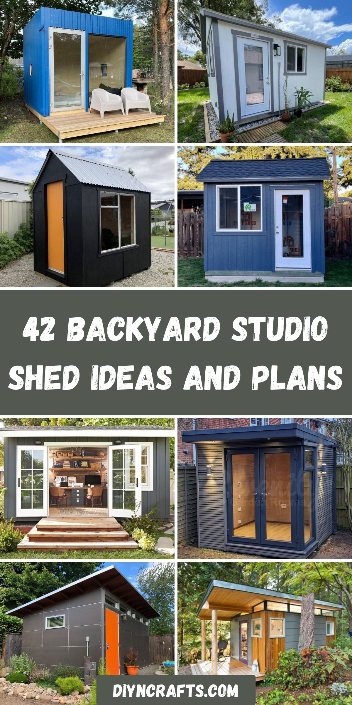 42 Backyard Studio Shed Ideas and Plans collage.