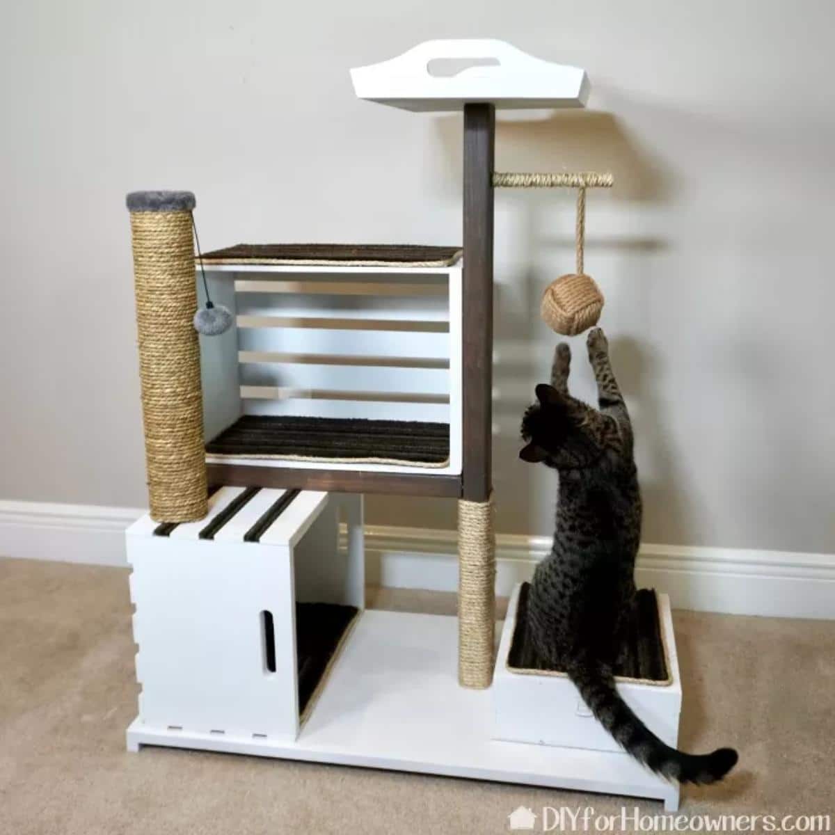 DIY Wood Crate Cat Tower With Bonus Cat Toy Storage