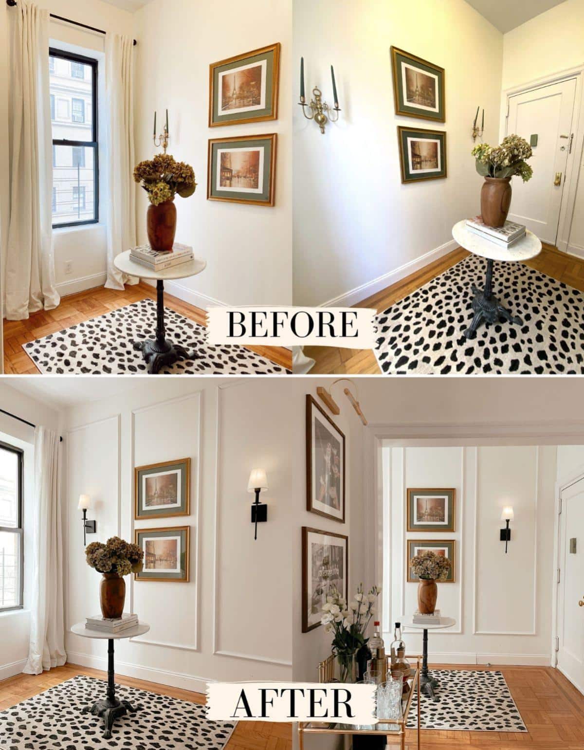 DIY Renter-Friendly Wall Molding before and after.