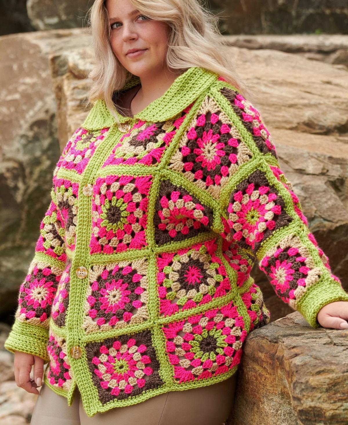 Caron Bright & Bold Crochet Granny Square Cardigan