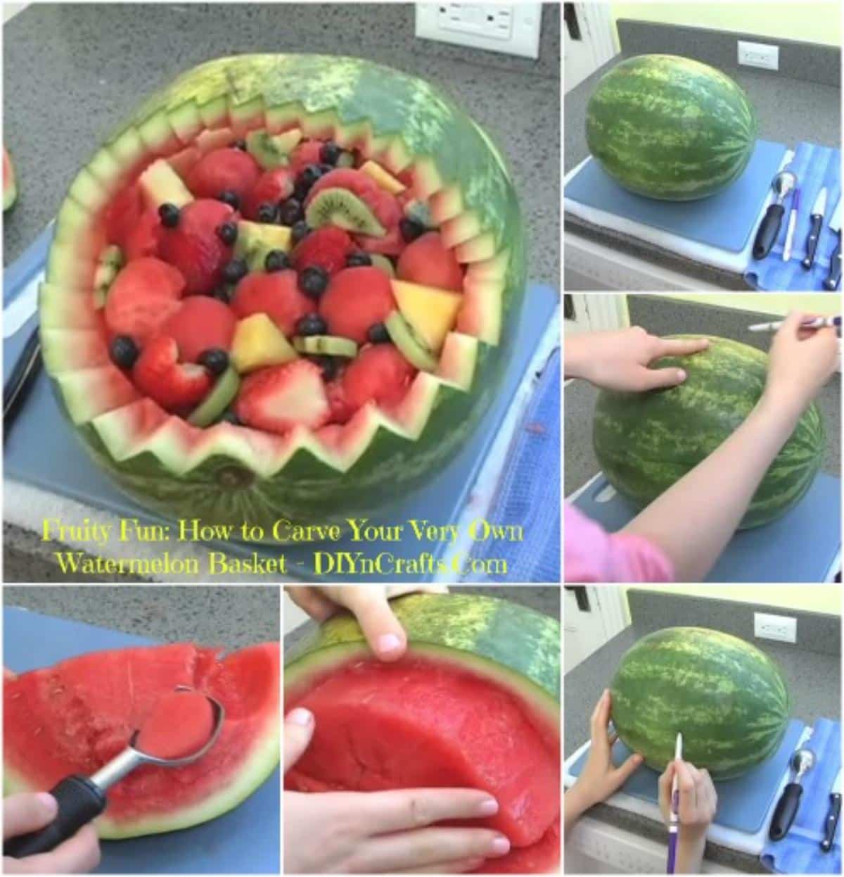 Carved Watermelon Basket collage.