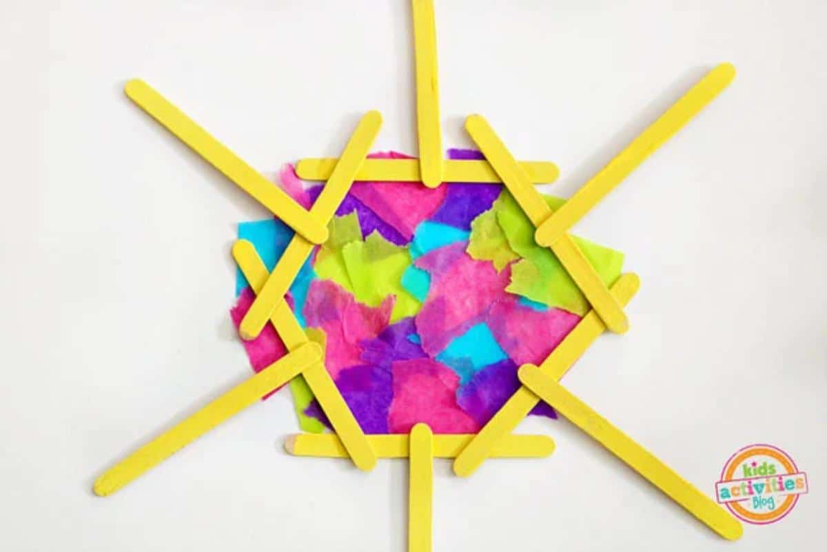 Popsicle Stick & Tissue Paper Mosaic Sun Craft