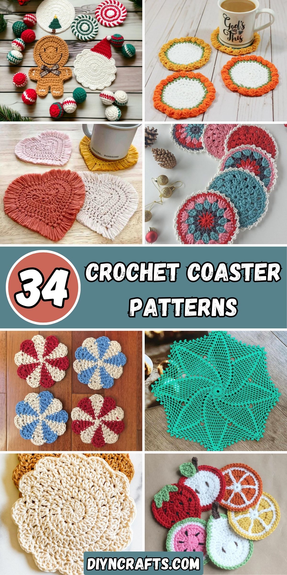 34 Crochet Coaster Patterns collage.