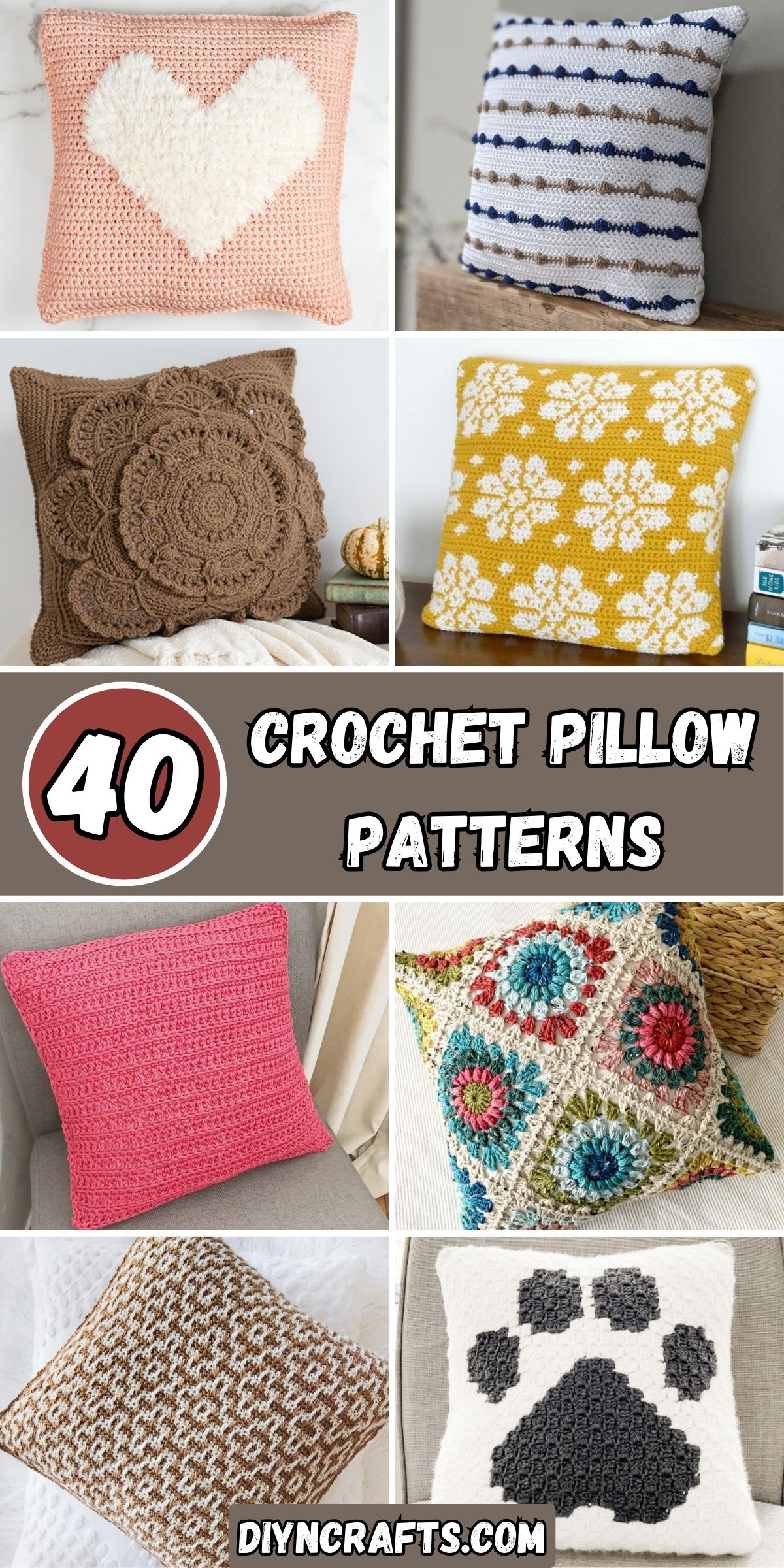 40 Crochet Pillow Patterns collage.