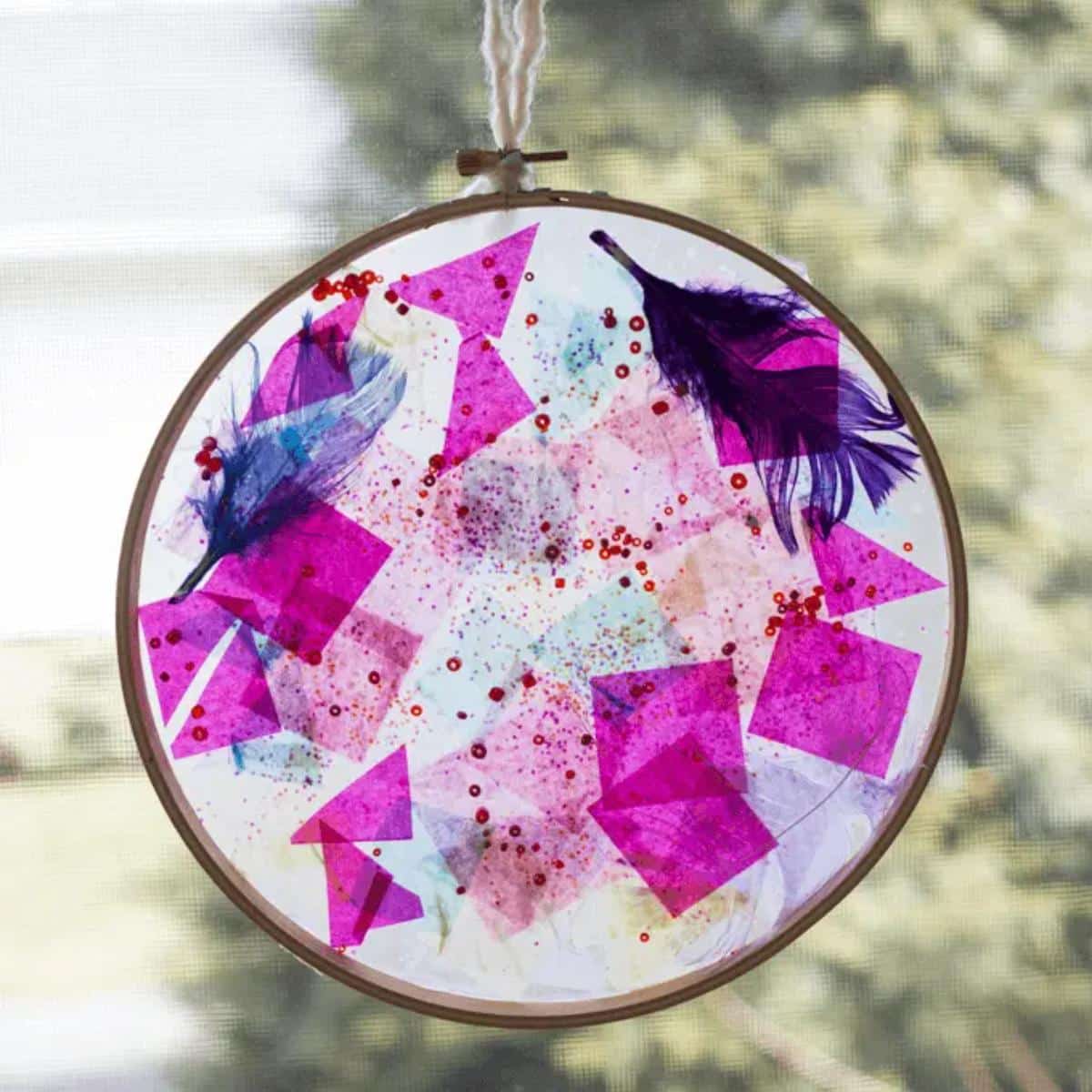 Tissue Paper Suncatcher in an Embroidery Hoop Frame